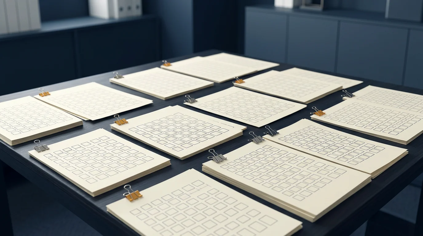 Übersichtliche Arbeitsunterlagen und Checklisten auf einem Tisch, Bild 1376x768 Pixel