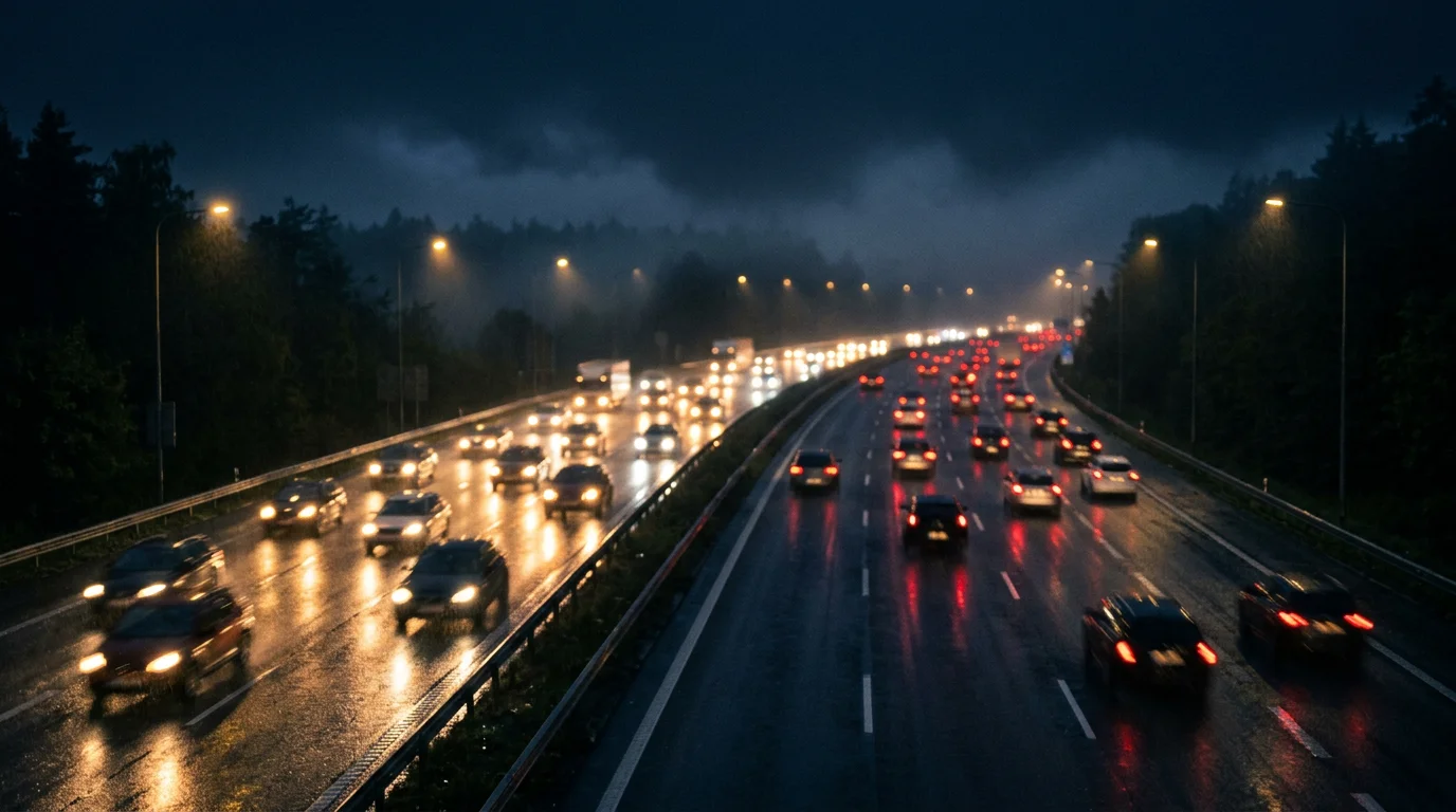 Nachtstraße mit Scheinwerfern im Regen, Titelbild Nachtfahrt, Bild 1376x768 Pixel