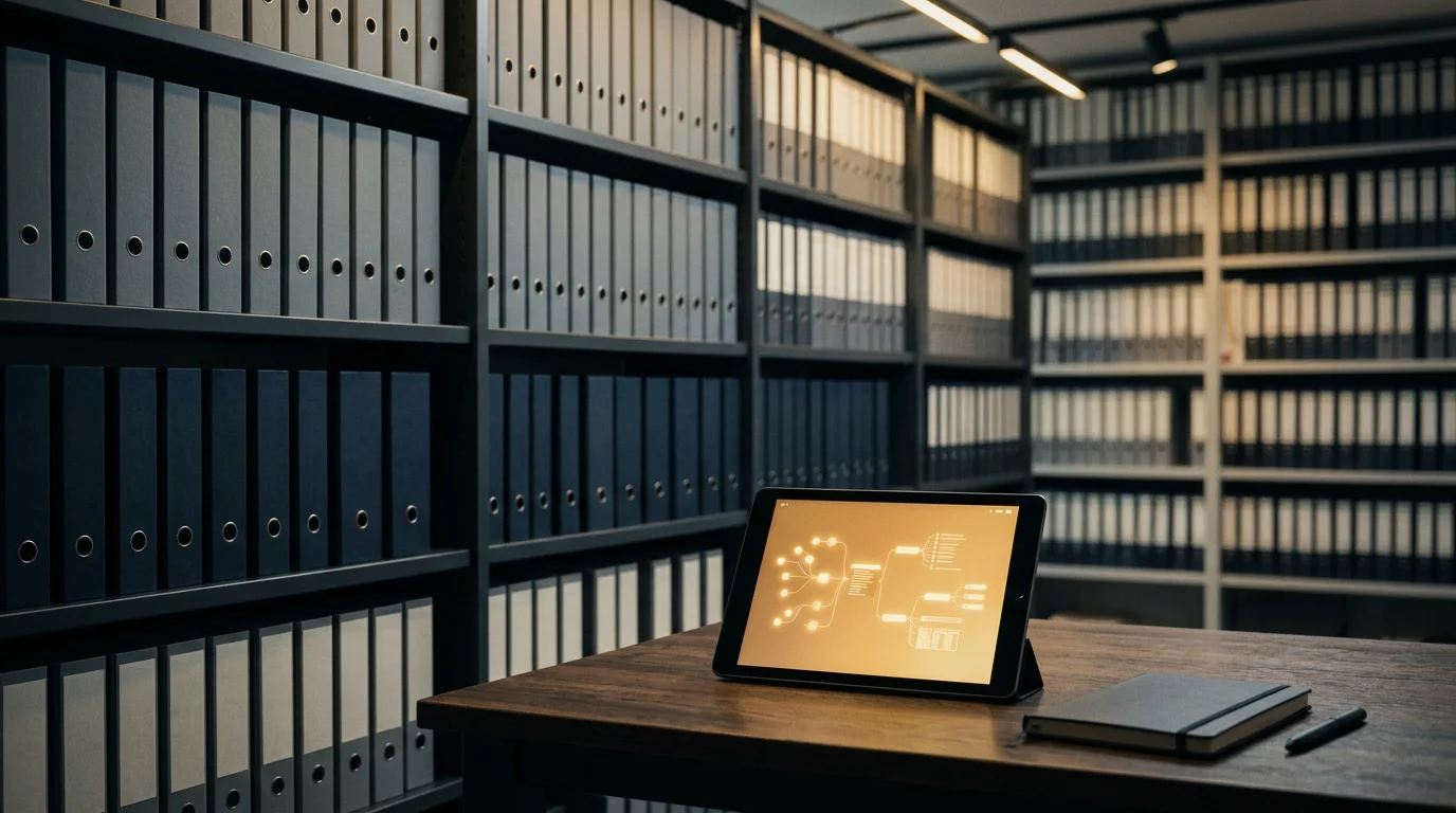 Regal mit Ordnern und Tablet für Artikelübersicht, Hero Materialien, Bild 1376x768 Pixel