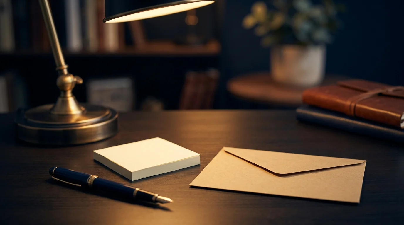 Umschlag und Notizen auf dem Schreibtisch, Kontakt-Symbolik, Bild 1376x768 Pixel