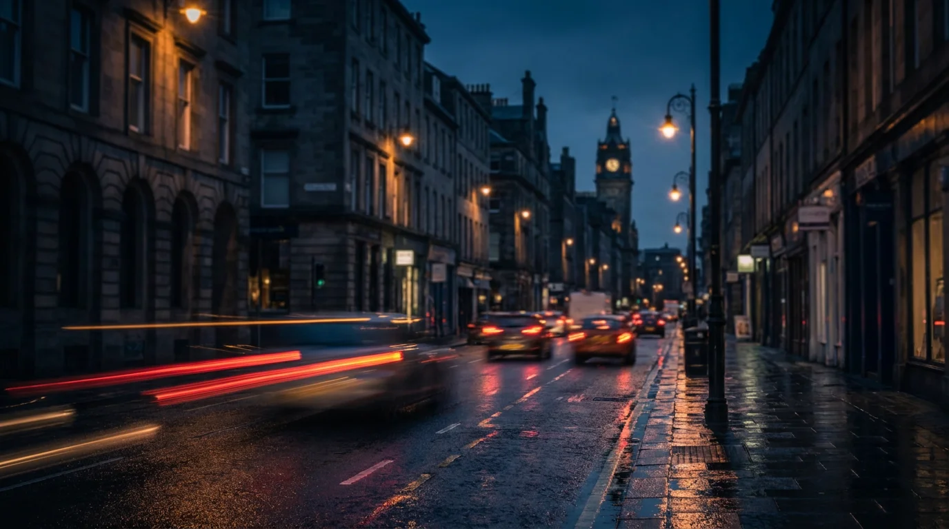 Abendliche Stadtstraße mit Lichtspuren, Hintergrund für Hero-Bereich, Bild 1376x768 Pixel